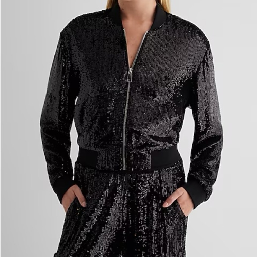 Express Sequin Cropped Bomber Jacket - image 4
